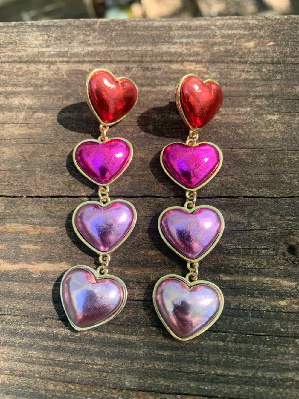 Heart Drop Earrings - Red, Fuchsia & Iridescent Pink
